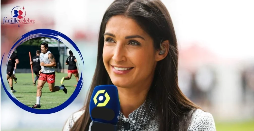 lesly boitrelle compagnon : journaliste sportive au micro avec joueur de rugby en médaillon
